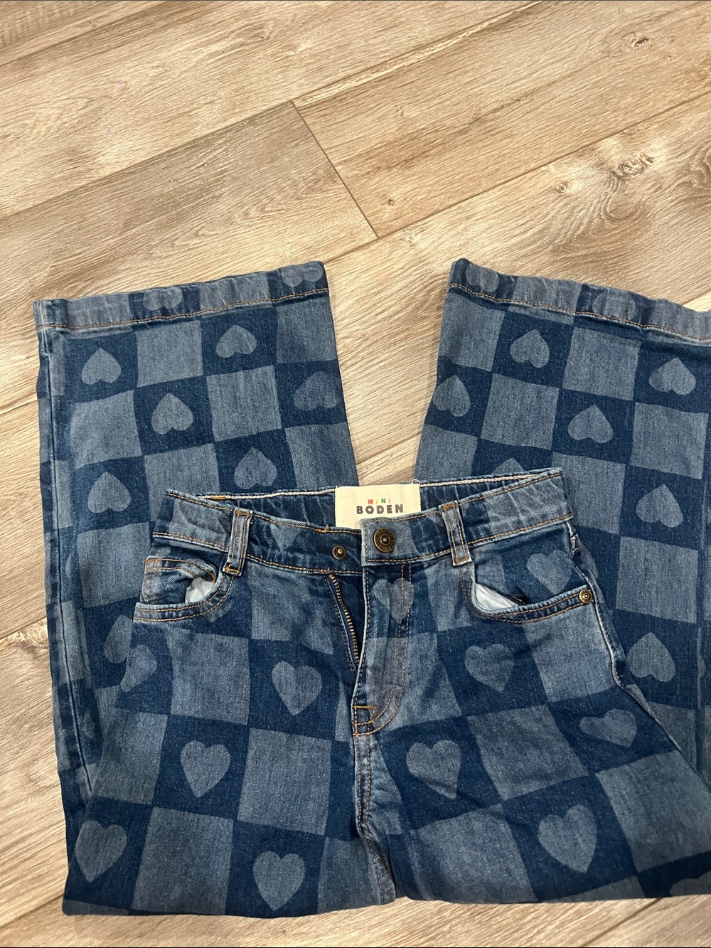 Boden Blue Heart-Check Straight-Leg Jeans